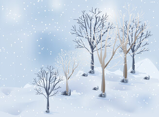 Winter mountains landscape with mountains and trees on a vector background with snowflakes falling from the sky. Cartoon winter scenery of cold weather and village forest, snowy hills, and fields