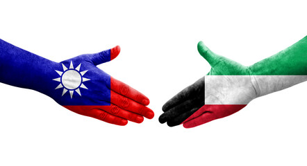 Handshake between Taiwan and Kuwait flags painted on hands, isolated transparent image.