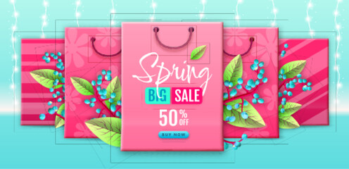 Spring big sale typography poster with flowering branches and paper bags. Nature concept. Vector illustration