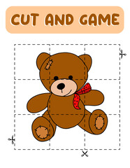 Cut and game bear. Educational children game, printable worksheet.Puzzles with animals.