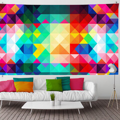colorful room interior with rainbow geometric pattern on wall concept art 