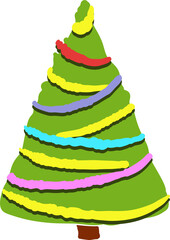 Hand drawn doodle cartoon funny Christmas tree. Colorful cute holiday tree. Xmas symbol. Simple artistic sticker. Silhouette decor png icons. 