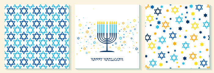 Happy Hanukkah card with nine-branched candelabrum Hanukkah menorah and Star of David Jewish symbol.