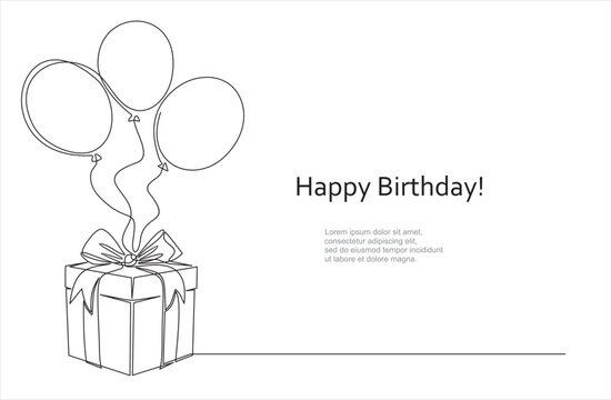 Continuous One line drawing of Birthday Gift box with bow and Balloons. Festive present. Birthday celebration concept isolated on white background. Hand drawn design vector illustration