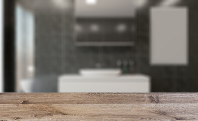 Fototapeta na wymiar Clean and fresh bathroom with natural light. 3D rendering.. Mock. Background with empty wooden table. Flooring.