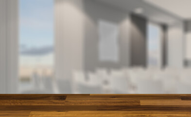 Modern office building interior. 3D rendering.. Mockup.   Empty. Background with empty wooden table. Flooring.
