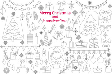 Set of isolated decorations for Christmas and New Year. Vector illustration with black outline and white plane in doodle style isolated on white background for print or web