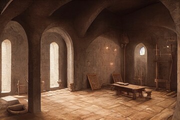 Hyper realistic illustration of a medieval room made of stone with windows and wooden furniture