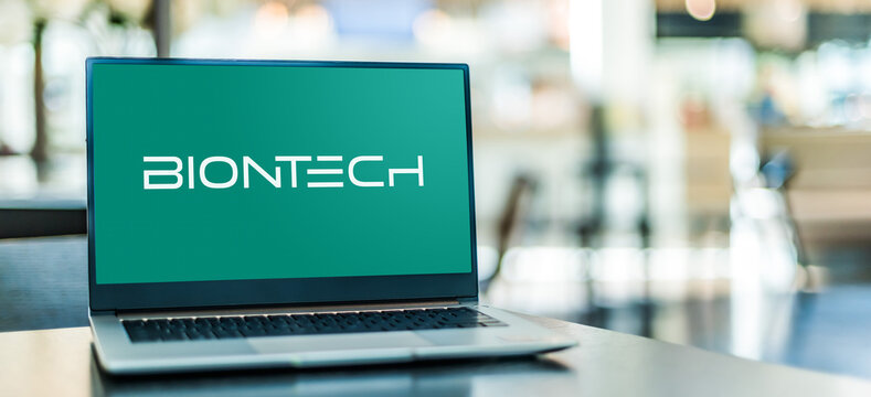 Laptop computer displaying logo of BioNTech