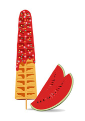 Sweet food and dessert food, vector illustration of golden brown homemade corn dog or hot dog waffle on a stick in various flavors decorations and watermelon chocolate. Red color. Watermelon slices.