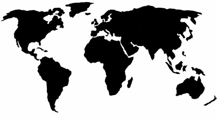 Digital illustration of a silhouette of a black world map on a white background