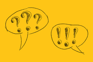 Exclamation point and question mark in speech bubbles on yellow. Question and Answer. Consultation, support or business communication concept.