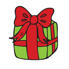 Festive New Year Gift Box with a Bow in Cartoon Doodle Style. Birthday or Christmas Present Illustration. Graphic Colorful Sketch, Vector icon, Print, Logo isolated on a white background.