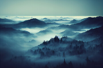 Mysterious foggy mountain forest landscape