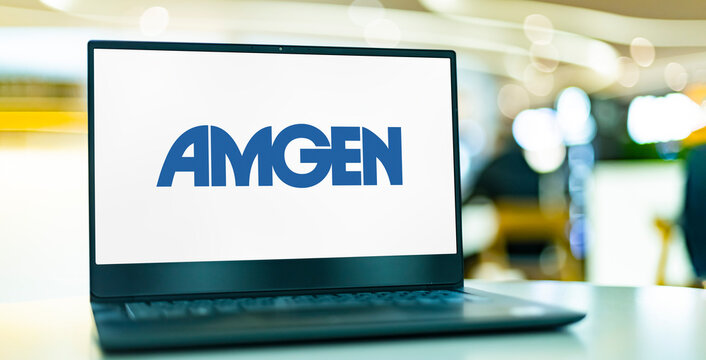 Laptop computer displaying logo of Amgen