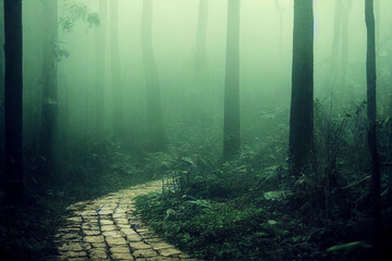 Naklejka premium tiled path through a mysterious foggy forest landscape 