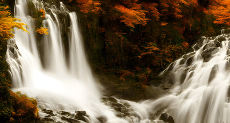 Digital Illustration Golden Landscape With Waterfalls