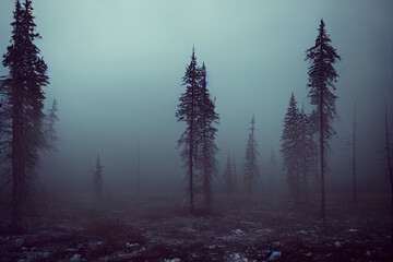 Mysterious foggy forest landscape 