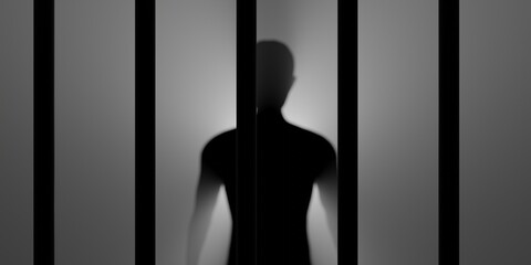 Human silhouette behind the bars in jail illustration
