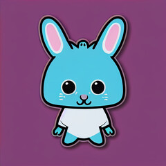 Fototapeta premium Blue cartoon rabbit sticker on purple background