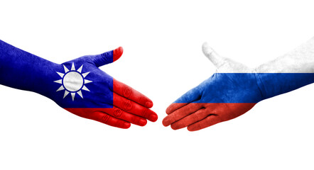 Handshake between Taiwan and Russia flags painted on hands, isolated transparent image.