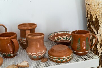 Traditional pottery ceramic vessels from Romania on a table