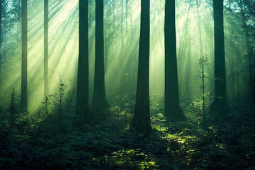 morning sunbeams in the green misty forest landscape 