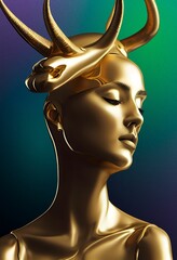 Vertical AI-generated illustration of a golden woman with a head decoration on a gradient background - obrazy, fototapety, plakaty