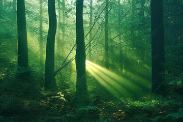 morning sunbeams in the green misty forest landscape  