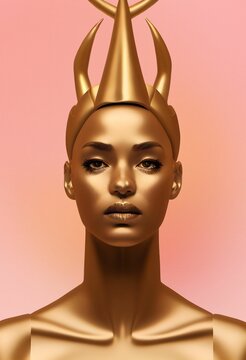Vertical AI-generated illustration of a golden woman with a head decoration on a pink background