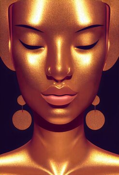 Vertical AI-generated golden symmetrical face of a golden woman with earrings