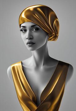 Vertical AI-generated of a white woman with a golden headband and dress on a white background