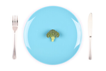 single tiny broccoli stem on blue plate that stands between fork and knife. minimalist flat lay...