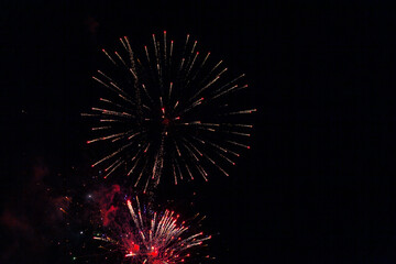 Explosions of fireworks in purple and gold over a park party. Before the black night sky