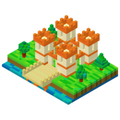 Castle with a bridge assembled from plastic blocks in isometric style for printing and decoration. Vector illustration.