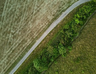 Aerial shot of symmetrical road separating patterned fields and a green meadow covered with trees