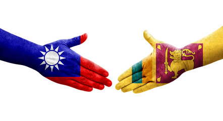 Handshake between Taiwan and Sri Lanka flags painted on hands, isolated transparent image.