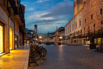 View of Piazza delle Erbe in the center of Verona, Italy. At dawn