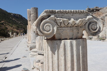 Ancient patterns detail reliefs on pillar over the column at Ephesus, Turkey