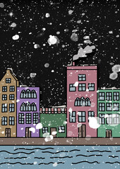 Obraz na płótnie Canvas Winter City Christmas Card, Happy Holidays Card, Snowing