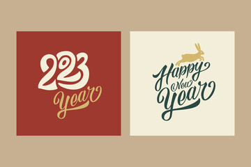 Happy 2023 New Year abstract card design. Postcards with lettering and rabbit. Merry Christmas invitation, poster, greeting card.