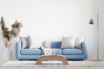 big white living room.interior design,blue sofa,lamp,wooden table,carpet wall for mock up and copy...