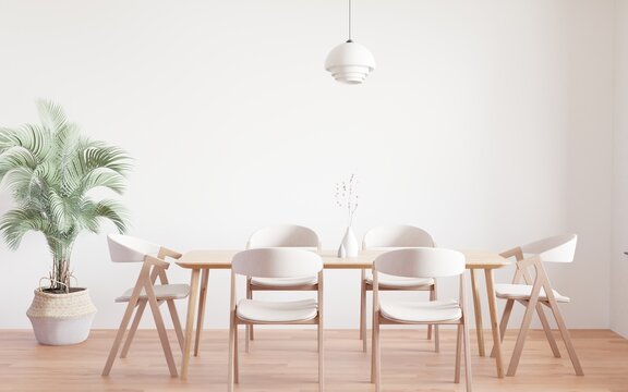 Dining room and kitchen copy space on white background, front view,dining table set,wooden table on wooden floor,Home interior. -3D rendering-.