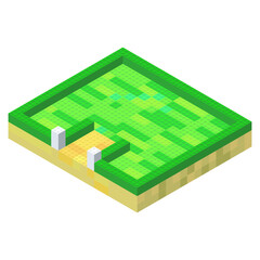 The concept of an empty backyard assembled from plastic blocks in isometric style for printing and decoration. Vector illustration.