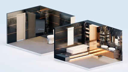 Dark themed isometric toilet isometric with marble and gold accents