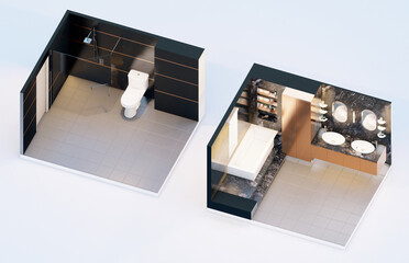 Dark themed isometric toilet interior 3d render
