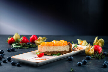 vegan healthy cheese cake dessert with tangerine