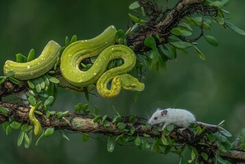 Closeup of a Green Tree Python on a tree near a white Mouse