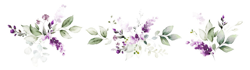 watercolor arrangements with flowers lavender. bouquets with  wildflowers, leaves, branches. Botanic illustration