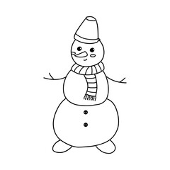 Snowman with a scarf and bucket on his head. Cute winter holiday icon. Black and white vector isolated illustration hand drawn coloring doodle
